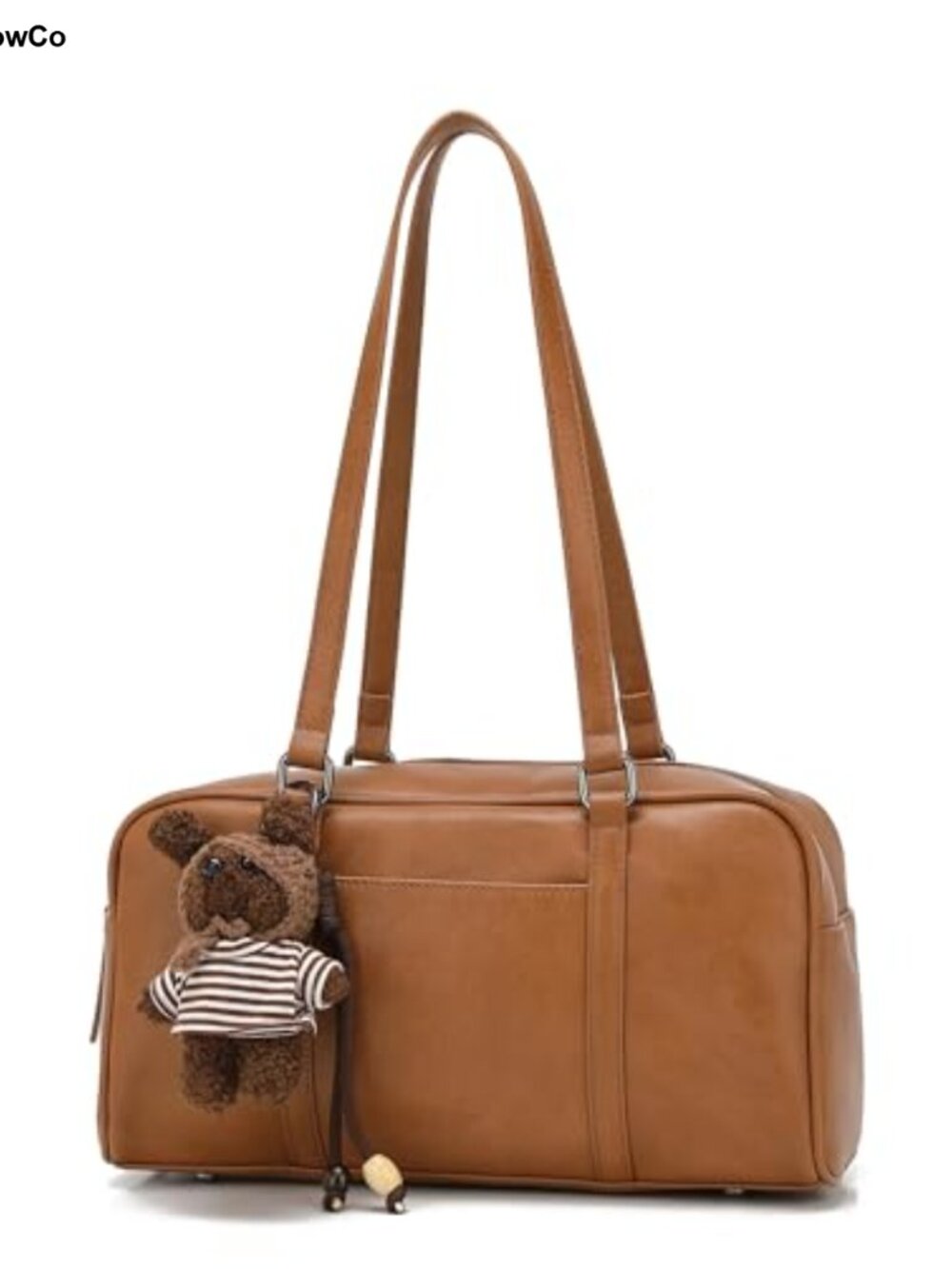 Y2K Boston Bag Vegan Leather Shoulder Purse with Cute Bear Charm